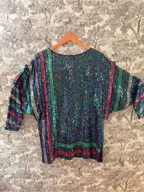 Vintage Jack Bryan Sequin Dolman Disco Top Shirt Dress Striped 1980’s Mini